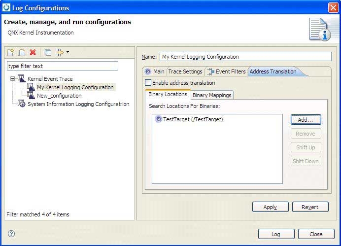 Address translation in Log Configuration dialog