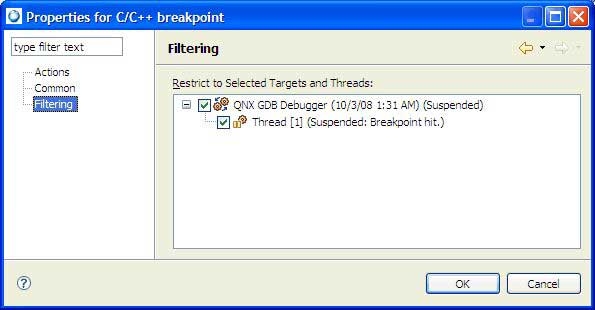 Breakpoints view; setting breakpoint properties