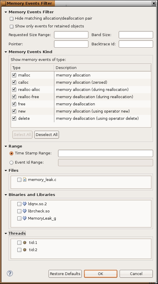 Memory Analysis Filters