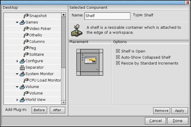 Shelf configuration dialog